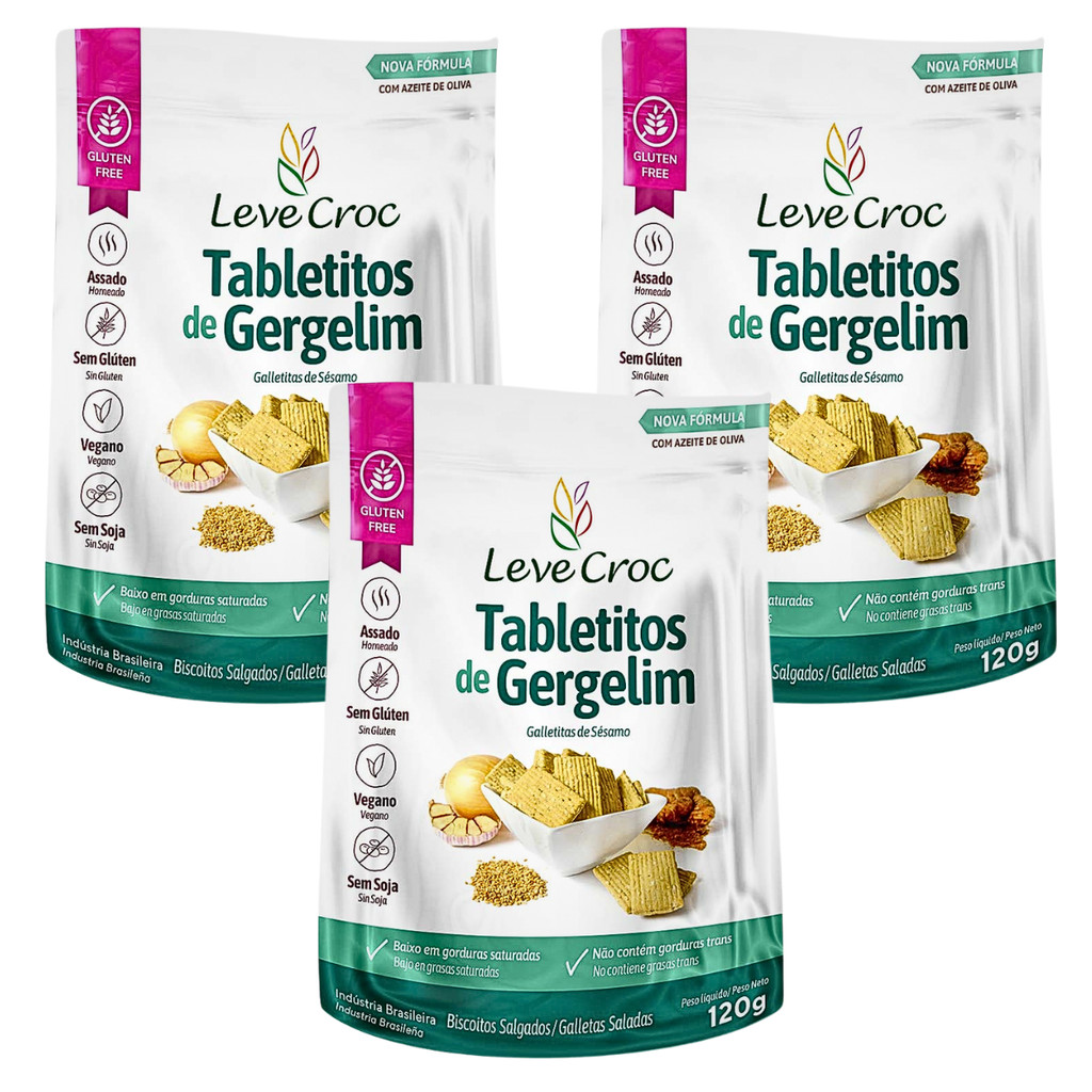 Kit 3 Biscoito Tabletitos Salgados Gergelim 120g - Leve Croc