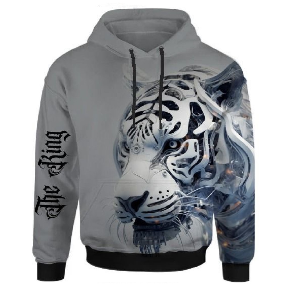 Moletom Masculino 3d Full The King Tiger Tigre Branco Rei Lançamento Unissex Blusa de Frio