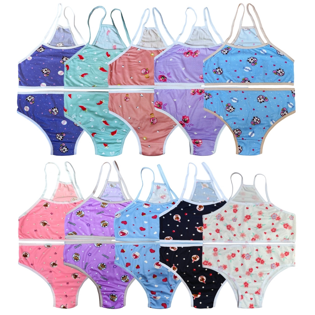 Kit 10 Conjuntos Juvenil para Pré Adolescente Estampado Calcinha e Sutiã Suede Forrado