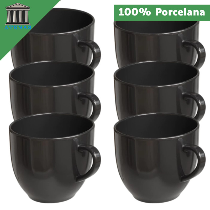 Kit 6 Xicara Cafe Cha Porcelana 95ml Preta Preto Chicara Caneca