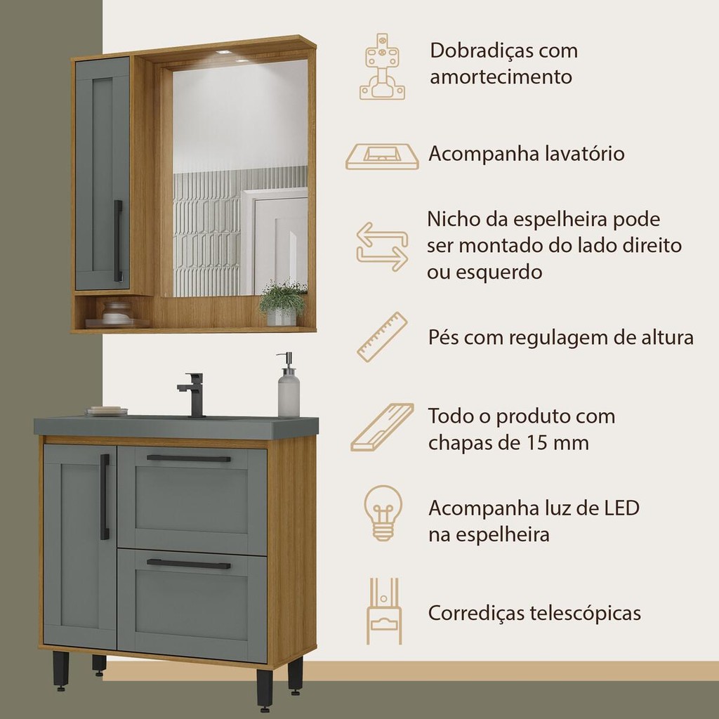 Detalhes do Gabinete de Banheiro com Cuba e Espelheira com LED 80cm Multimóveis CR10140