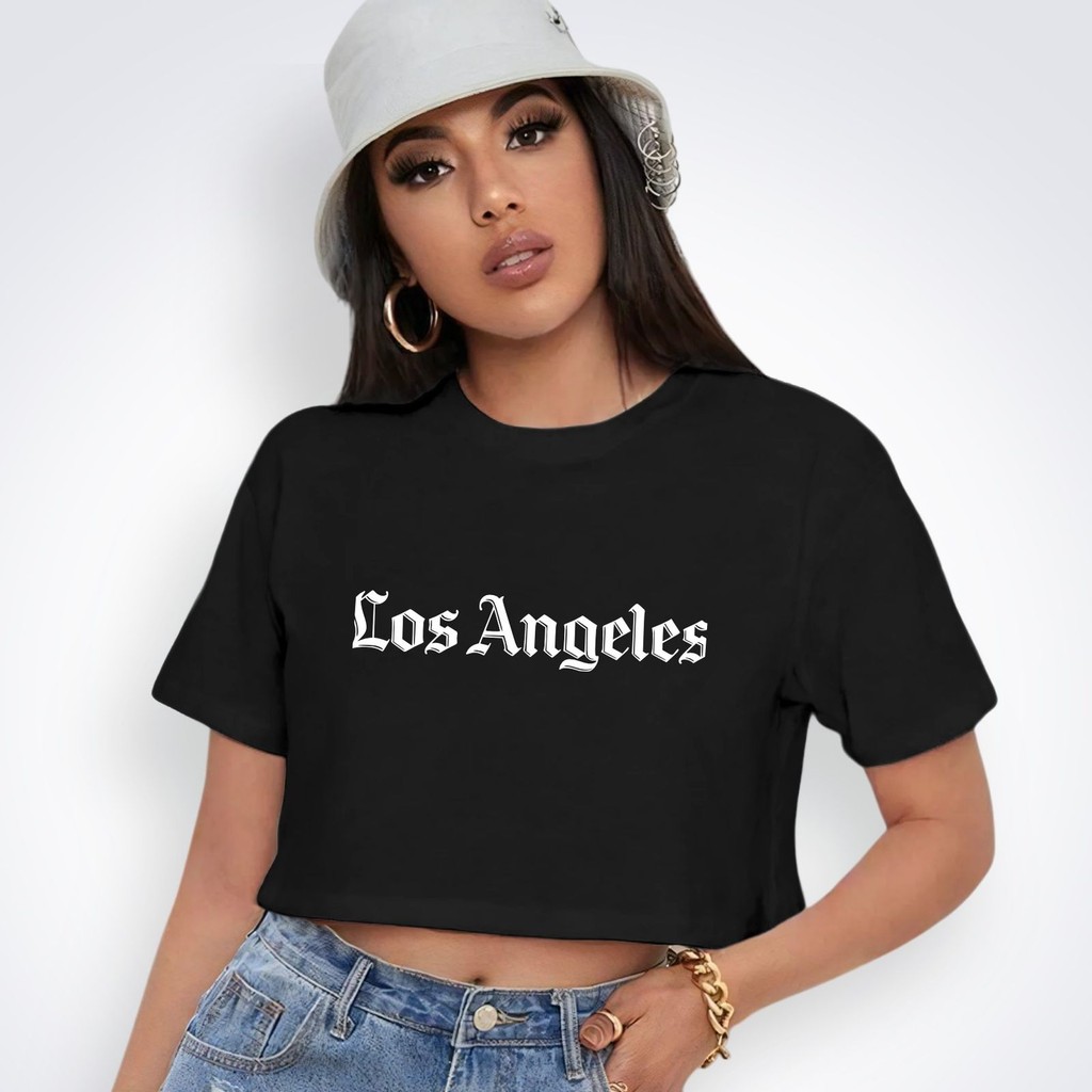 Cropped Crop Feminino Los Angeles Old English Blogueira Desenho Malha Algodão Premium Envio Imediato