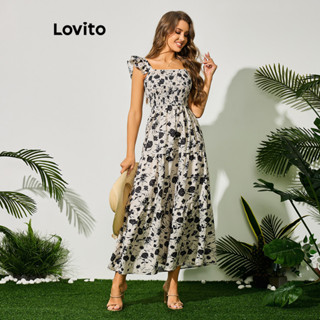 Lovito Boho Vestido Feminino Floral Bata com Camadas e Cintura Elástica LBL09349