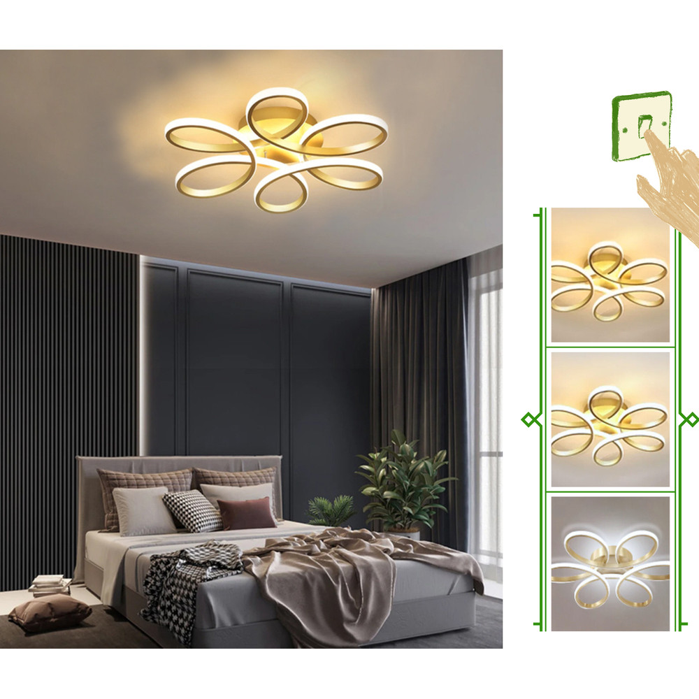 Luminária Moderna 6 Pétalas 48W Sobrepor Dourado Luz 3/1