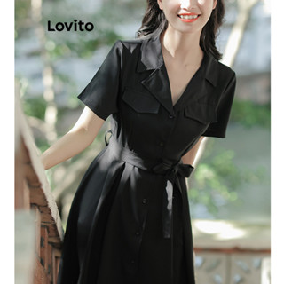 Lovito Vestido casual simples com bolso falso e gravata frontal para mulheres LNE53462