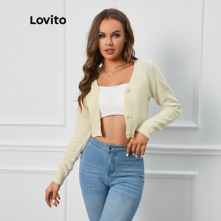 Lovito Casual Cardigã Feminino Liso com Botão Frontal e Gola de Contraste LBL09291