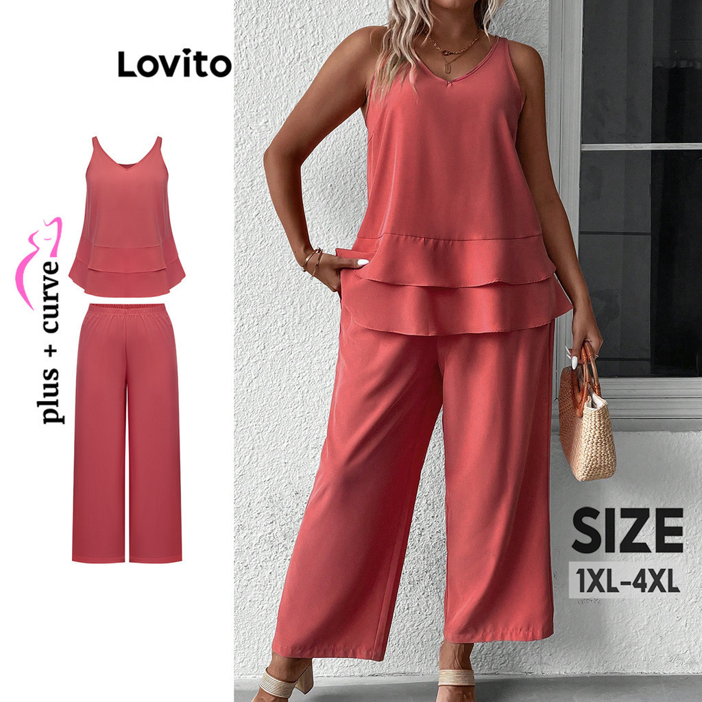 Lovito Plus Size Curve Casual Camada Simples Conjunto de Calça Plus Size para Mulheres LSE02023