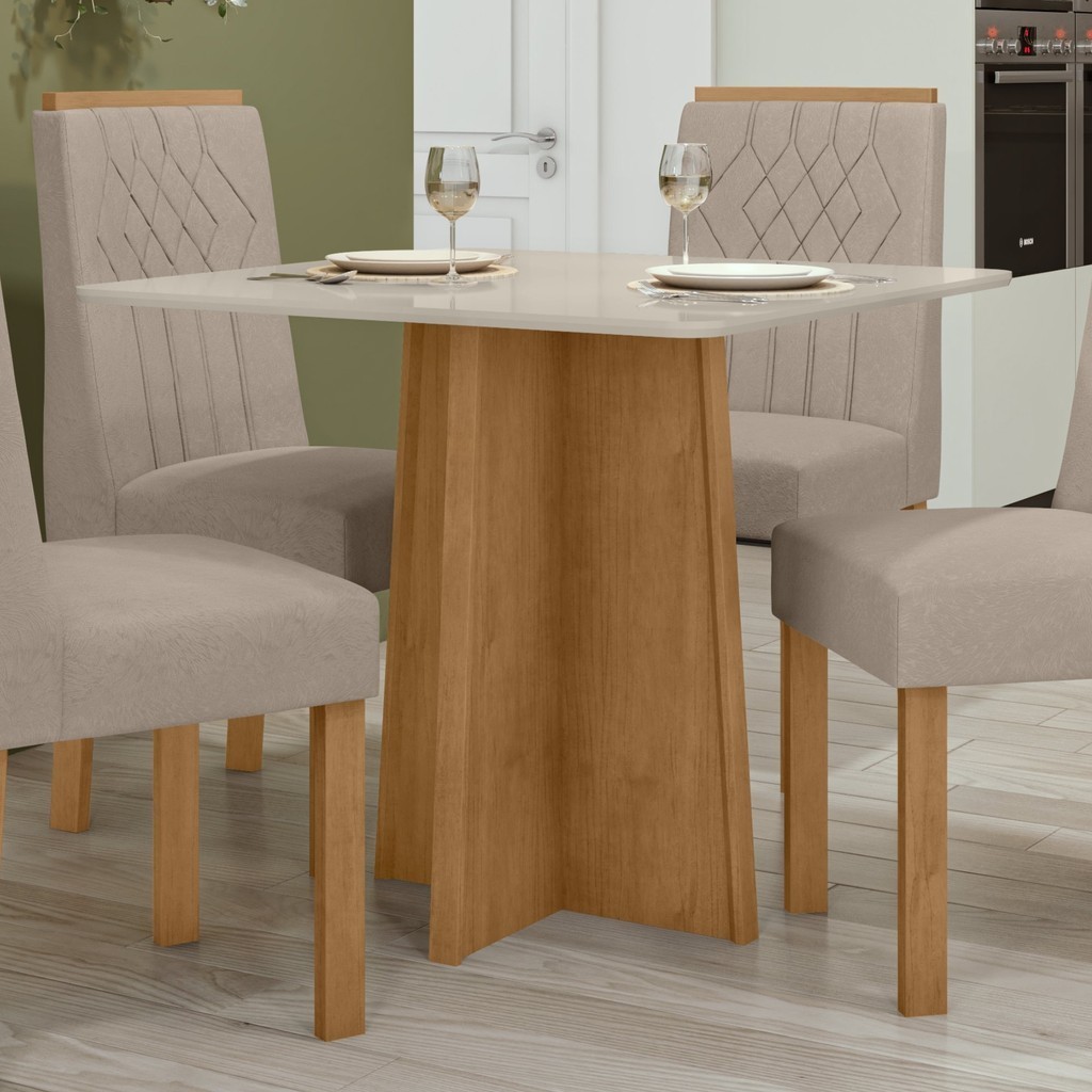 Mesa de Jantar Quadrada 4 Lugares Tampo MDF Celebrare  Amêndoa Clean/Off White