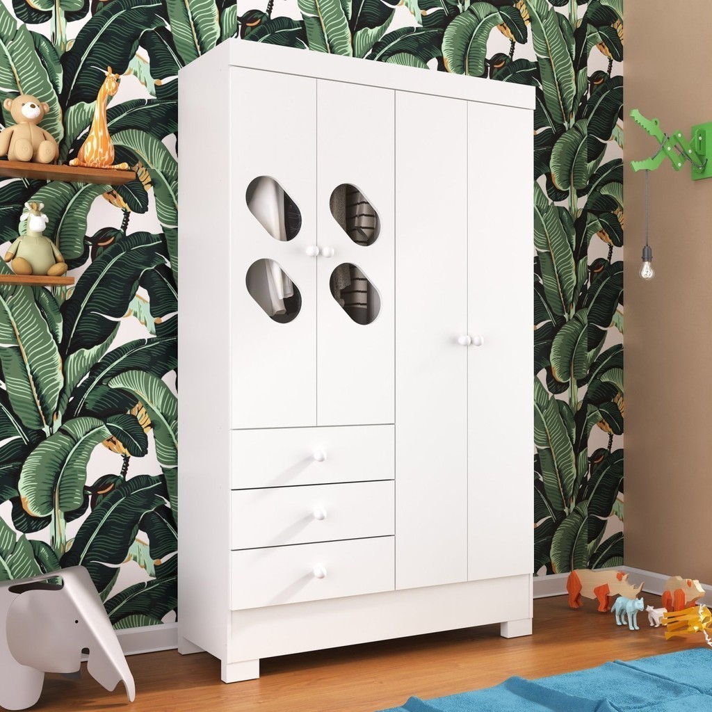 Guarda Roupa Infantil 4 Portas e 3 Gavetas Luiza  Branco - Home & Living