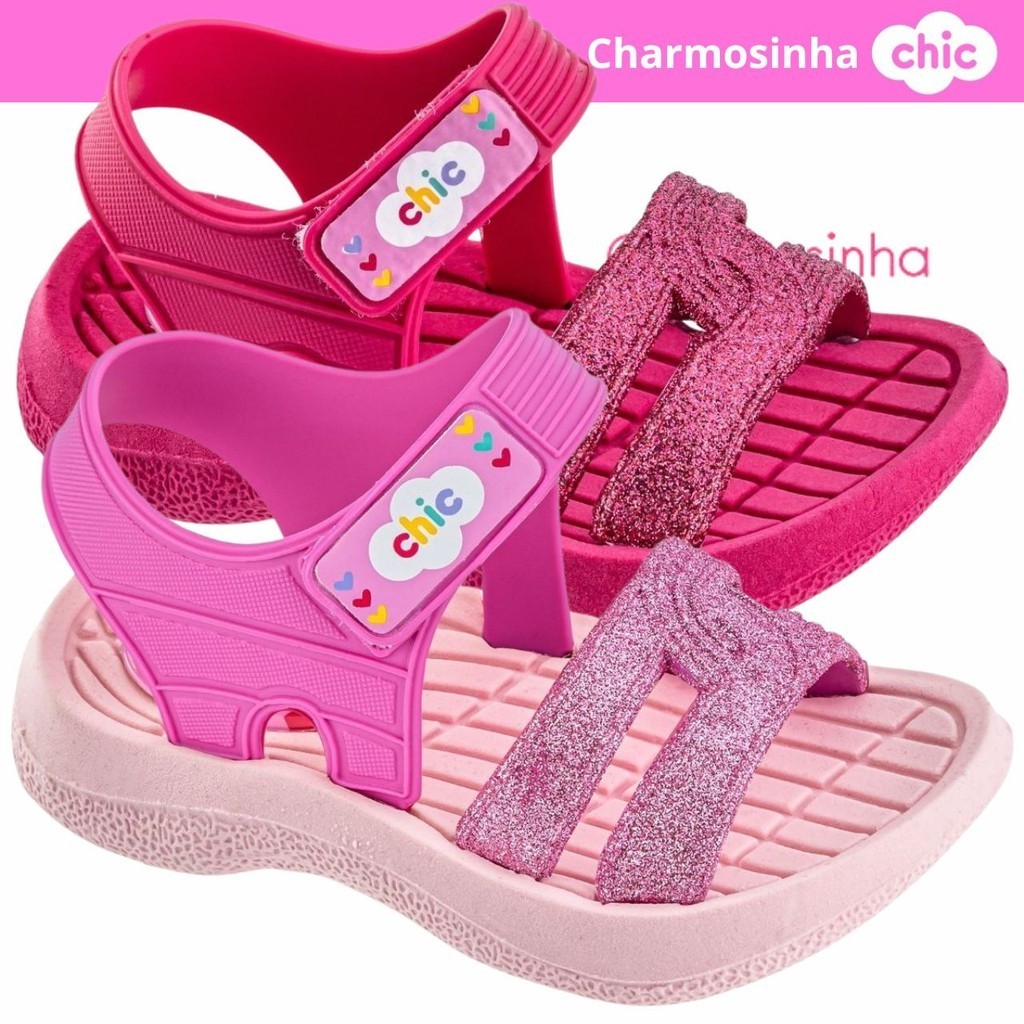 Sandália Papete Infantil Barbie Feminina Baby Glitter Brilho Rosa Fofa Conforto