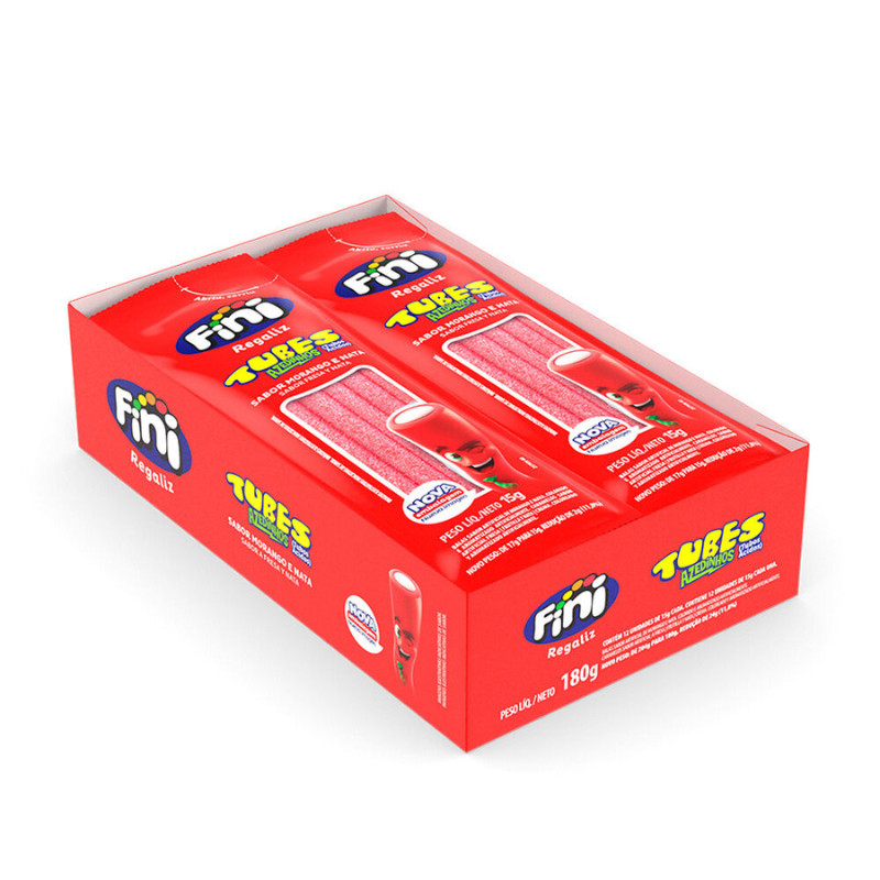 Bala Fini Tubes Morango Azedinho 12 Unidades 15g 12x15g Bala de Gelatina Colorida Mástigavel Sem Glutén FINI Flex SP