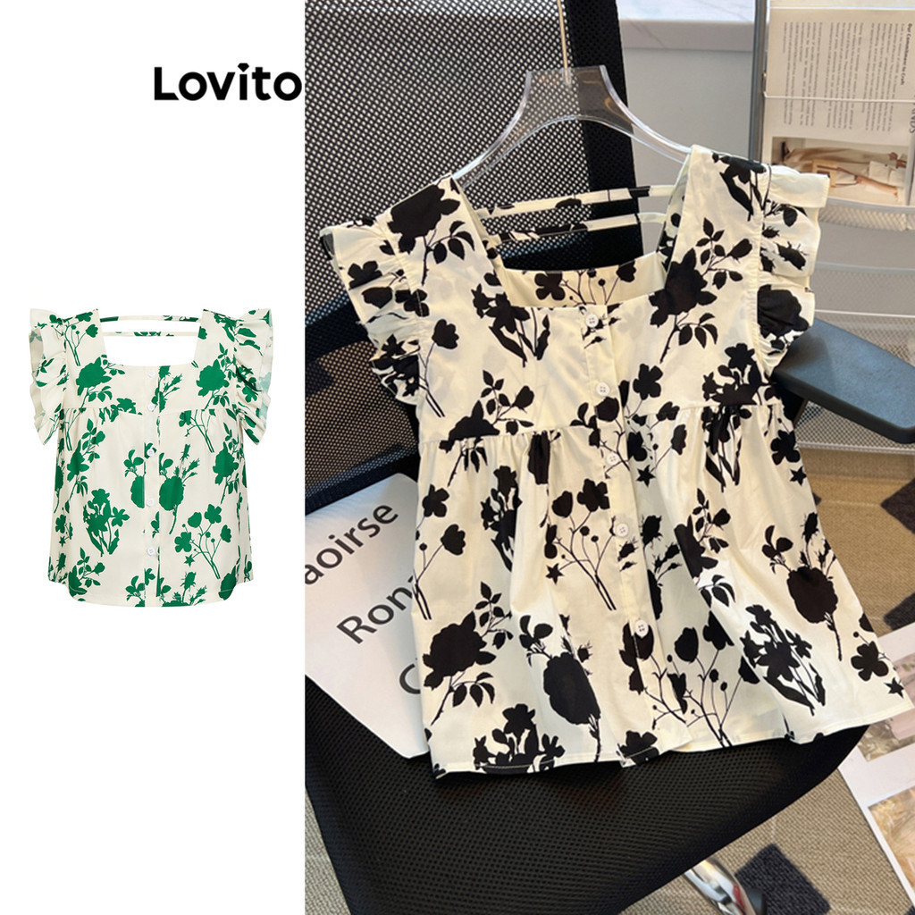 Lovito Blusa Feminina Casual Ditsy Com Botões Florais Frontais Estampas De Plantas Com Gola Quadrada Lne19123 - Women Clothes