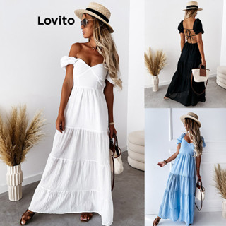 Lovito Elegante Vestido Feminino Simples com Amarra nas Costas Linha Estruturada Frente Única LNL36116 (Branco/Azul/Preto)