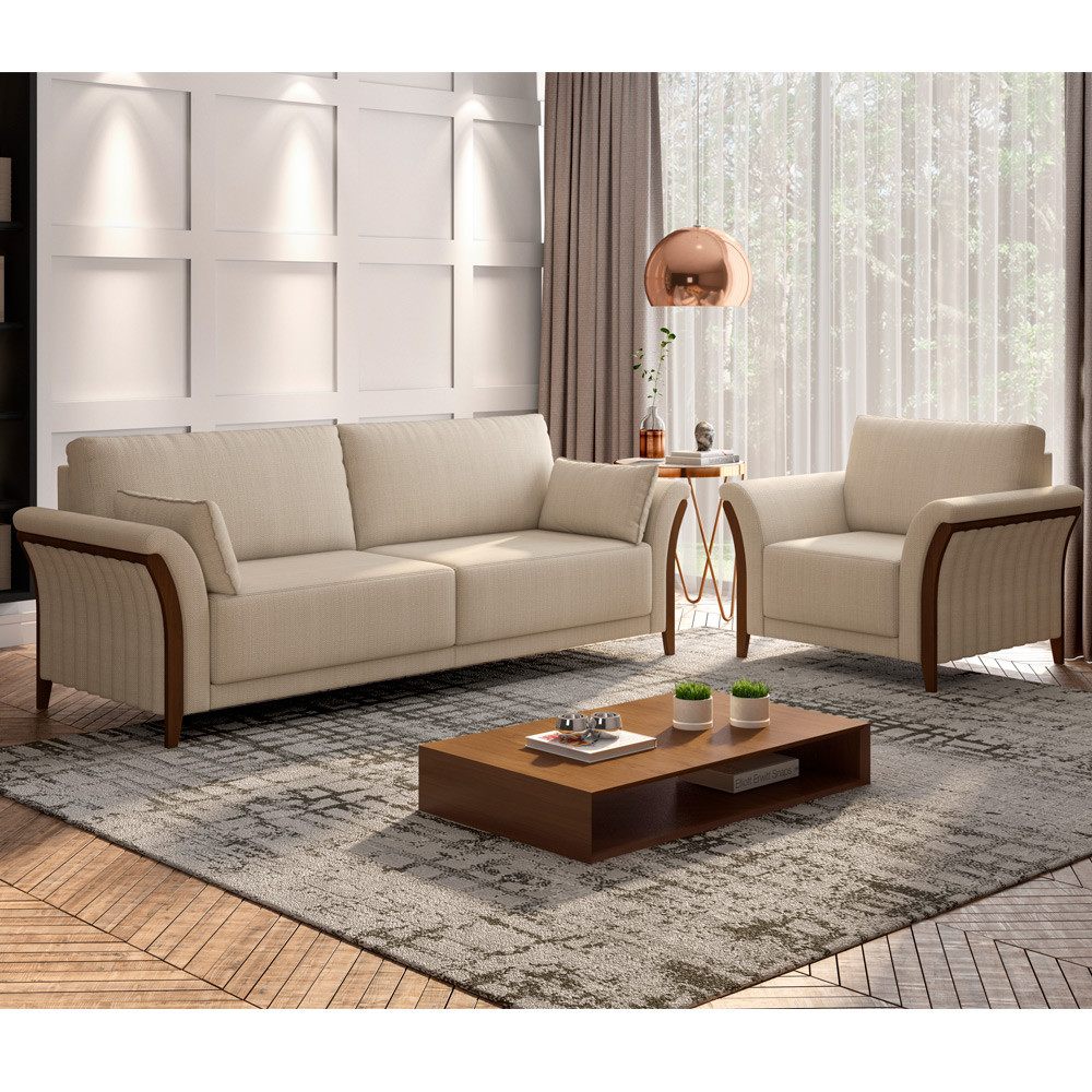 Kit Sofá 02 Lugares Sala Estar 162cm Com Poltrona Stefan Pés De Madeira M03 Linho Bege - Lyam Decor