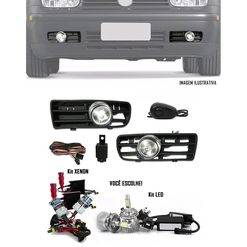 Kit Farol de Milha Neblina Vw Golf 1999 a 2006 Botão Alternativo + Kit Xenon 6000K 8000K ou Kit Lâmpada Super LED 6000K