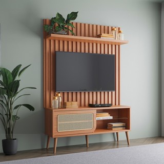 Rack com Painel para TV 139cm Até 55 Polegadas 1 Porta com Palha Natural e Ripado Freijó - Dalla Costa em Oferta na Shopee