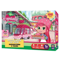 Brinquedo Infantil Quebra Cabeça Moranguinho e seu Gatinho Pudim na Cidade Grande 100 Peças Mimo Toys 4011