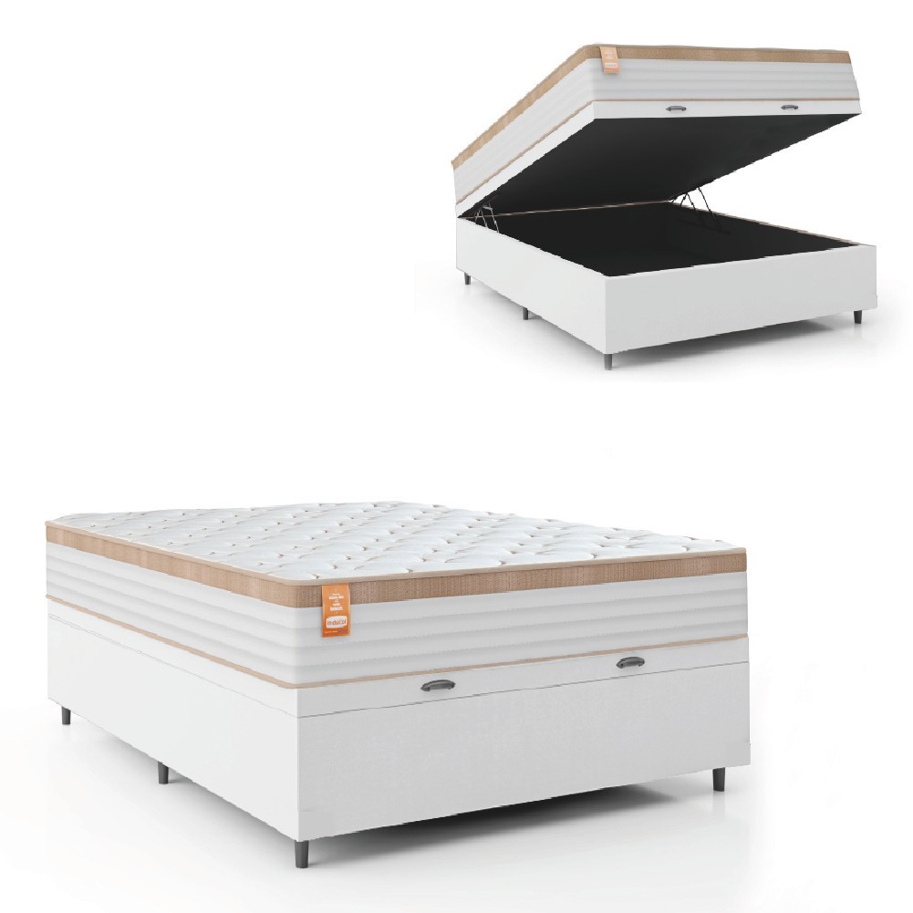 Cama Box Baú Colchão Casal Molas Ensacadas Real 138x188x68cm Linho Branco / Bege Inducol - Suporta até 130kg por Pessoa - Home & Living