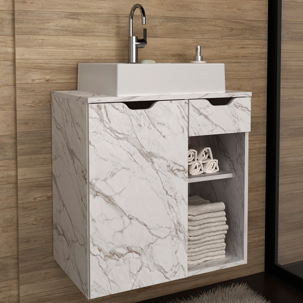 Armário de Banheiro 1 Porta 1 Gaveta Mármore Branco Bn3605 - Tecno Mobili - Home & Living