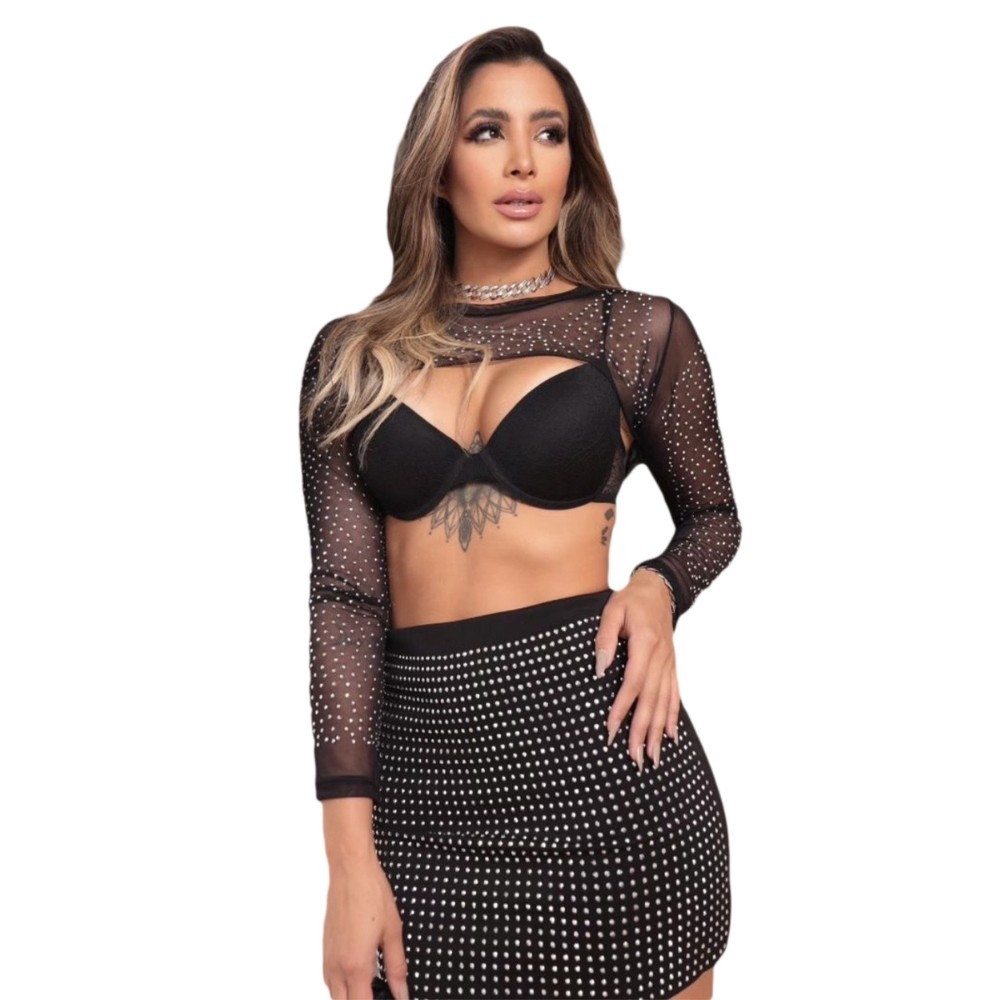 Cropped Top Tule Bolero Sobreposição Strass Brilho Festa em Oferta na Shopee