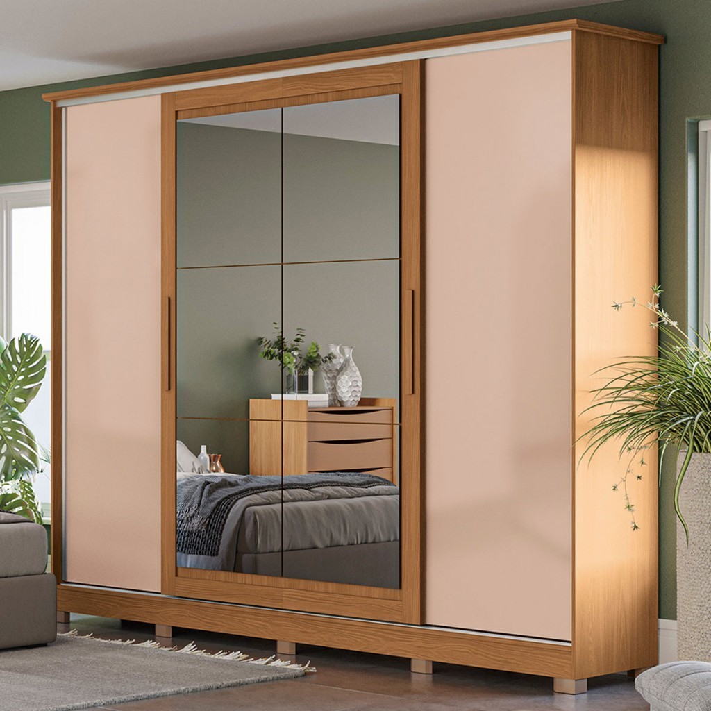 Guarda-Roupa Casal 4 Portas 4 Gavetas com Espelho Flex Canela/Macadamia - Kappesberg em Oferta na Shopee