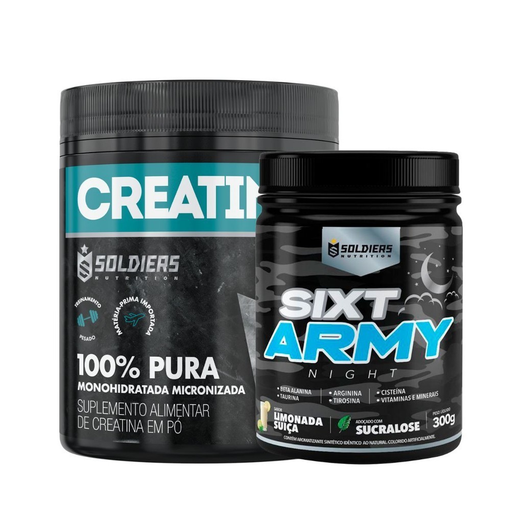 Kit: Creatina 300g + Pré Treino Sixt Army Night 300g Soldiers Nutrition Força Performance em Oferta na Shopee