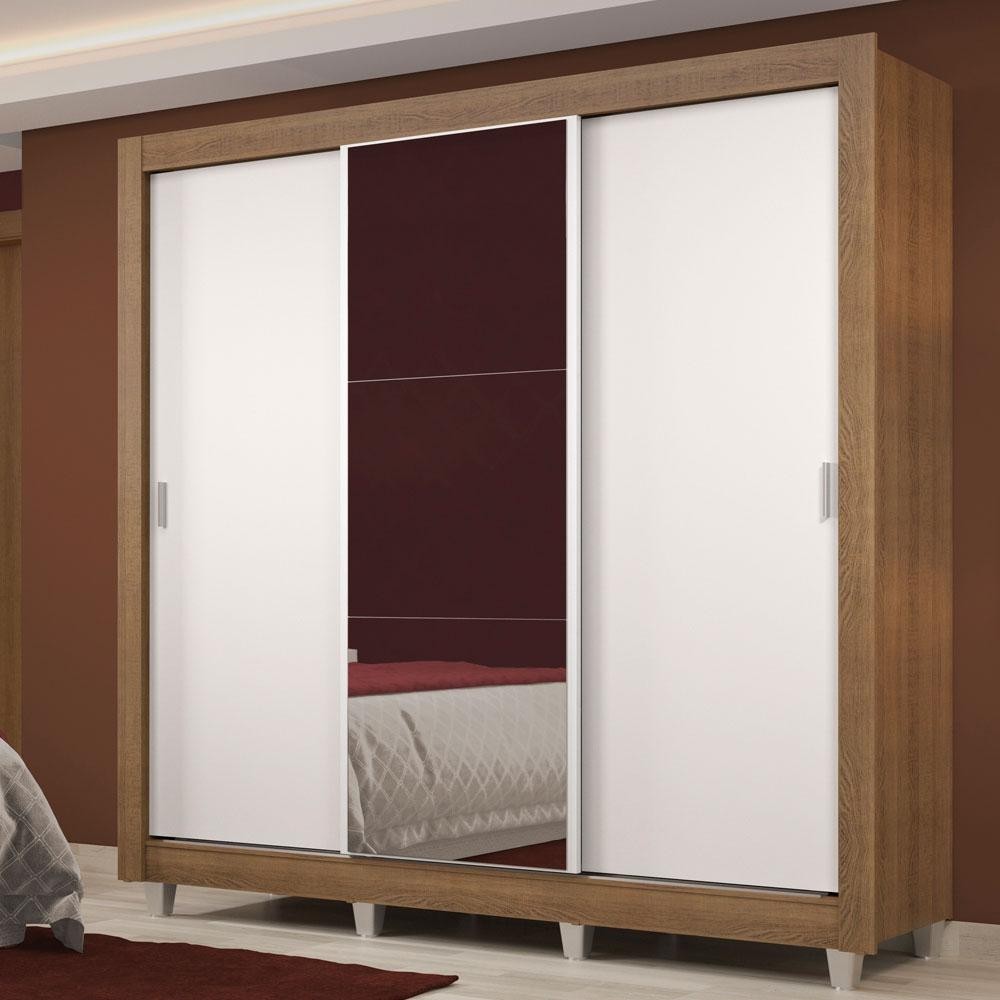 Guarda Roupa Casal Madesa Lyon Plus 3 Portas de Correr com Espelho 4 Gavetas com Pés - Rustic/Branco em Oferta na Shopee