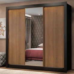 Guarda Roupa Casal 3 Portas de Correr com Espelho Preto/Rustic Madesa Mônaco