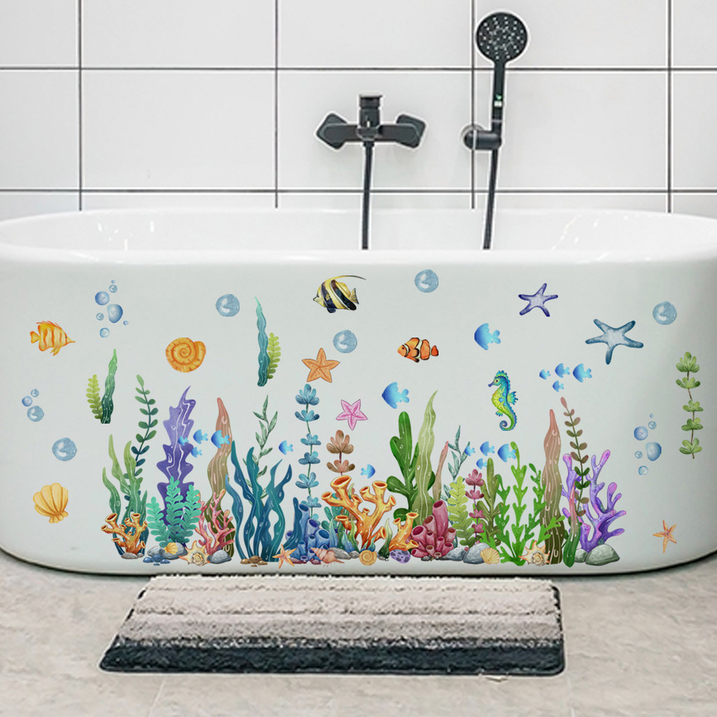 Autocolantes de Parede Autocolantes de Parede Cartoon Sea World Wall Stickers, Plantas Aquáticas Autocolantes de Banheira Pequenos Peixes Estrela do Mar, Autocolantes de Parede para Decoração do Quarto das Crianças