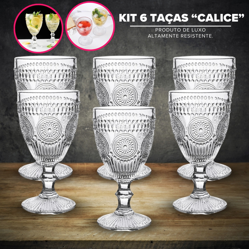 Jogo 6 Taças 300ml Vidro Madrid Transparente Material Resistente de Luxo Água Vinho Decoração Mesa