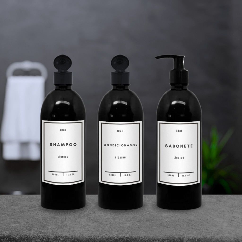 Conjunto de 3 Frascos Para Banheiro 500ml Preto Com Flip Top e Pump Saboneteira - Rótulos Adesivos