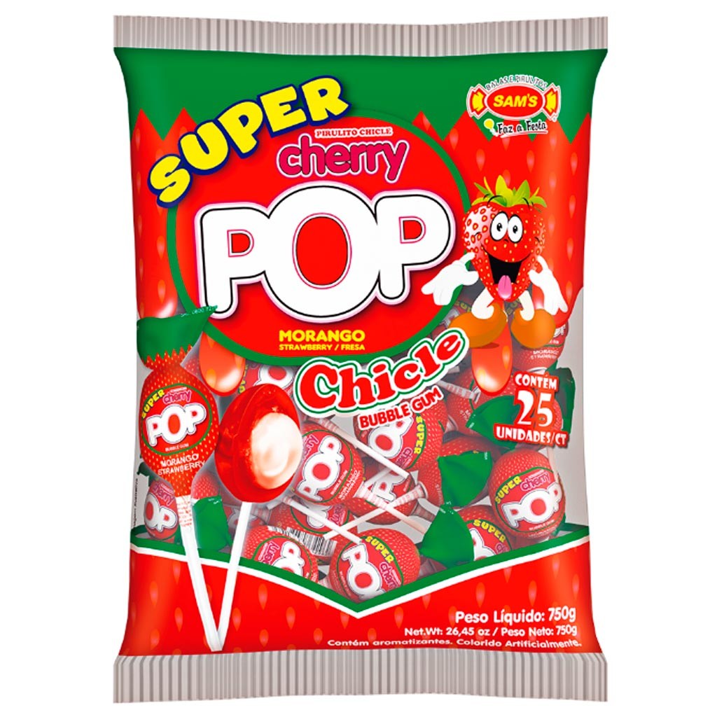 Pirulito Super Cherry Pop Morango Recheio Chiclete c/25 - Sams