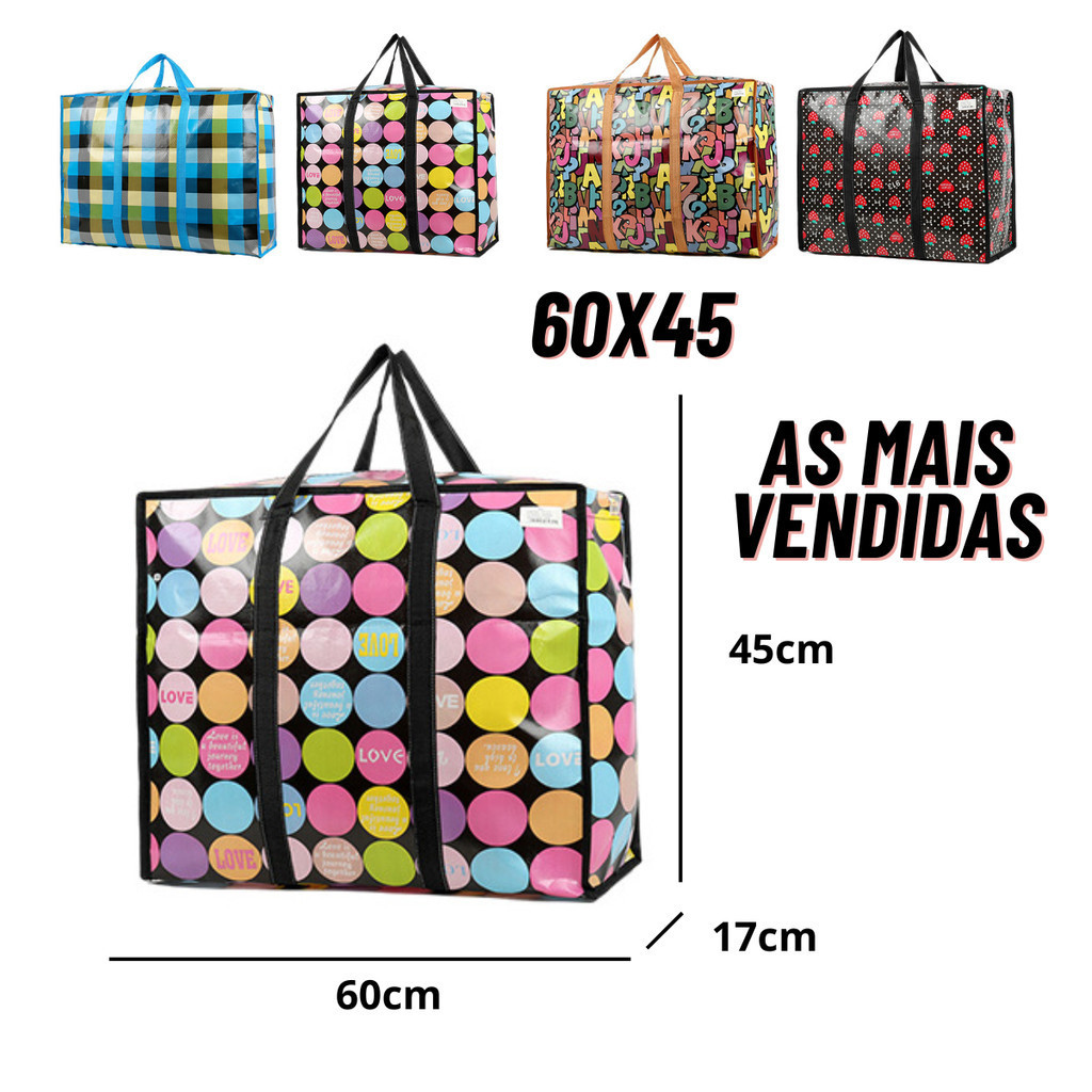 Sacola de Feira Grande Zíper Impermeável Sacoleira Ziper Resistente - Viagens Compras Estampas Sortidas