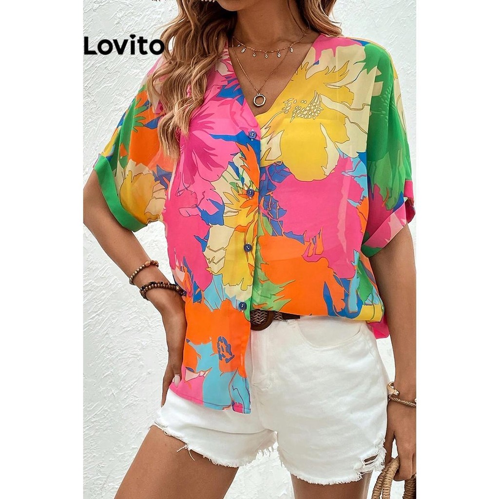 Lovito Blusa casual com botões florais para mulheres LNL83019 - Women Clothes