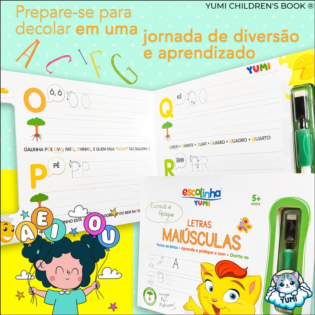 Livro Caderno De Caligrafia Infantil Letras Maiúsculas Caneta Magica Apagável Ergonómica - Edição Premium