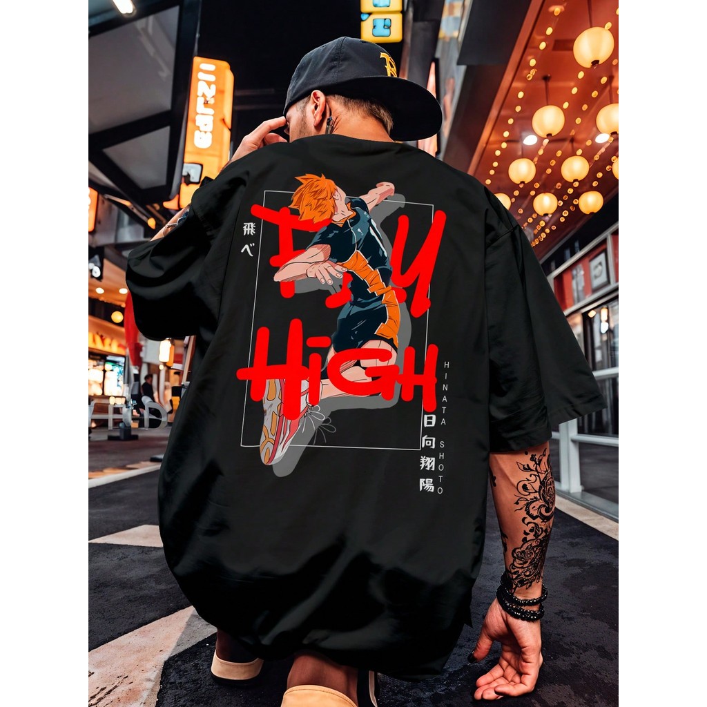 Camiseta Oversized Streetwear Haikyuu Karasuno Hinata Shoyo Volleyball Série Desenho Fly High