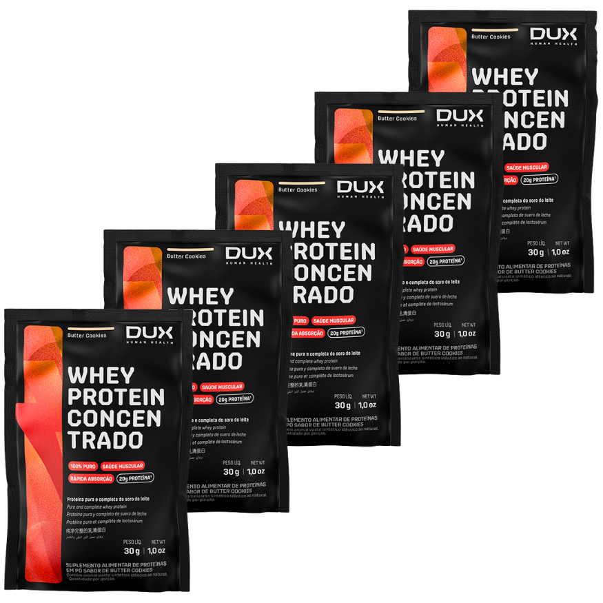 KIT 5 UN SACHE WHEY PROTEIN CONCENTRADO DUX HUMAN 28G BUTTER COOKIES