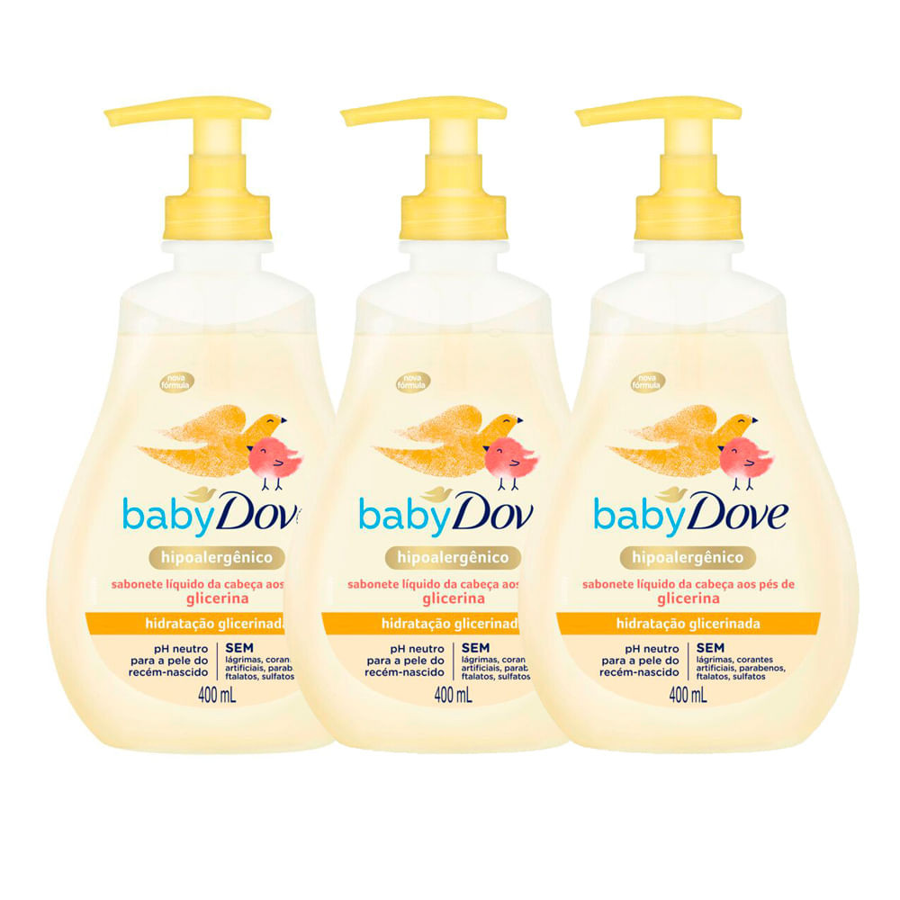 Sabonete Líquido Dove Baby Hidratação Glicerinada da Cabeça aos Pés 400ml | Kit com três unidades