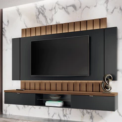 Painel Para TV 70 Pol Ripado com Bancada Suspensa Luzzi B01 Preto Castanho - Lyam Decor