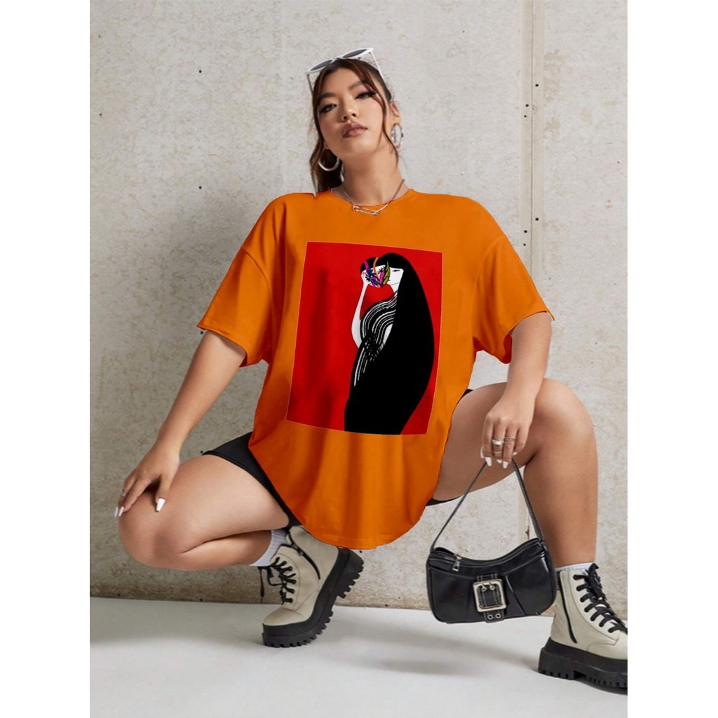 Camiseta Laranja Estilosa Oversized Longline Estampada Cabelo Longo Preto Confortável Moda