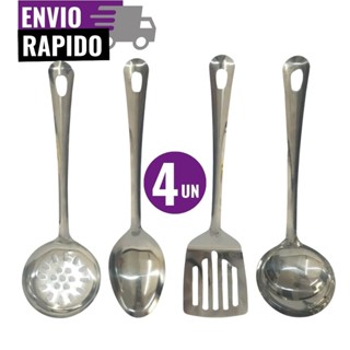 Kit 4 Utensílios de Cozinha Inox Concha Colher de Servir Escumadeira Espátula Vazada Premium em Oferta na Shopee