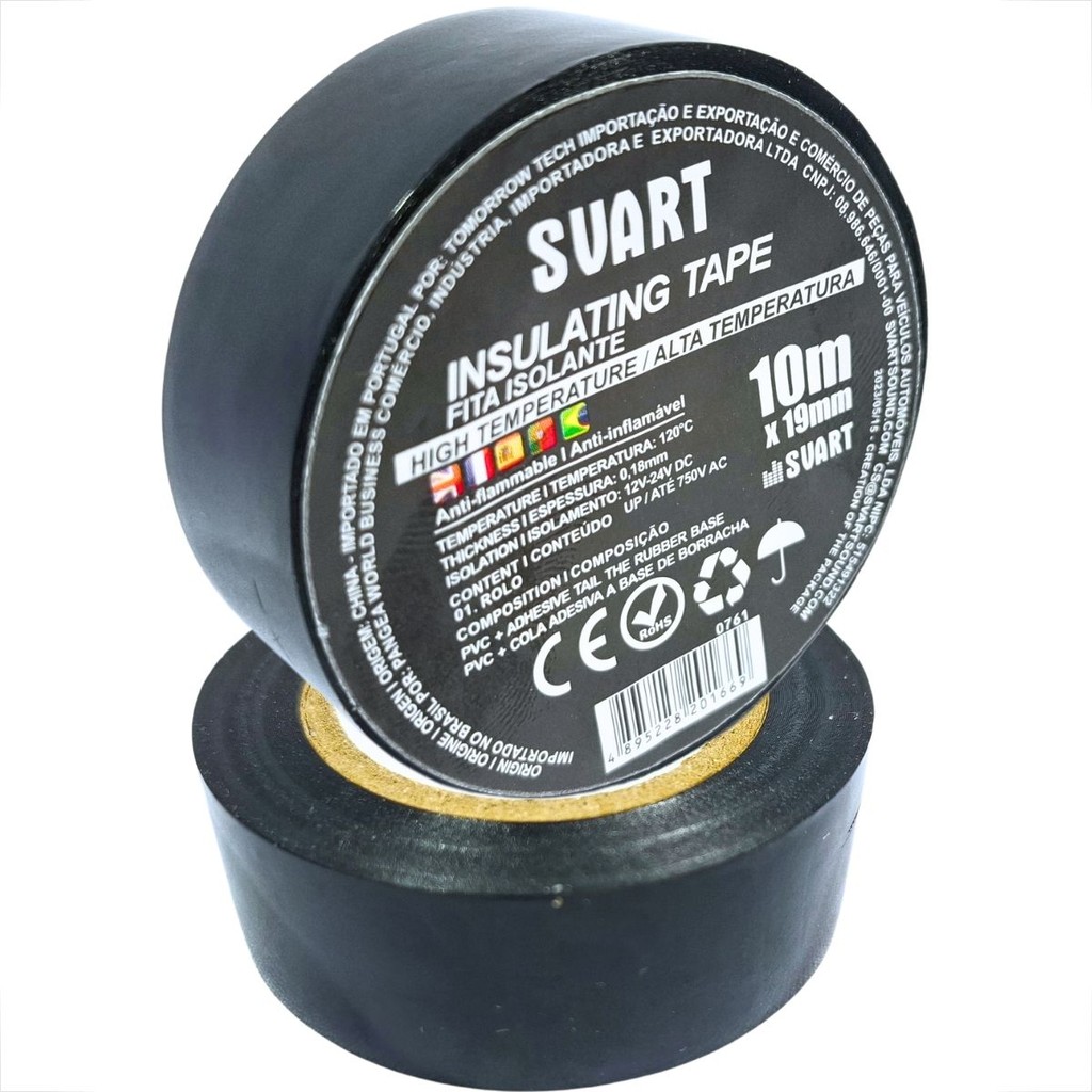 FITA ISOLANTE ALTA TEMPERATURA ANTI CHAMAS USO AUTOMOTIVO 10M X 19MM SVART PRETO LISA