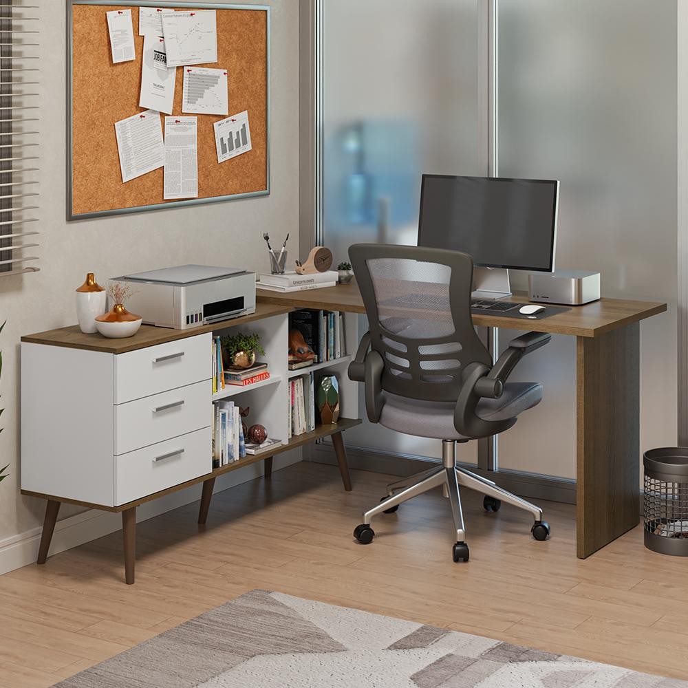 Mesa de Escritório em L 3 Gavetas Branco/Rustic Lisboa Madesa XA - Home & Living