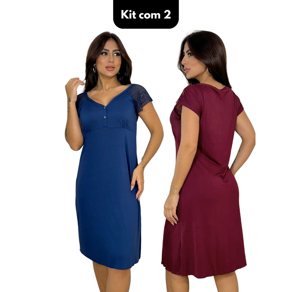 Kit 2 Camisolas Midi Feminina Confortável Abertura Botões Viscose Amamentação Pós Parto Maternidade
