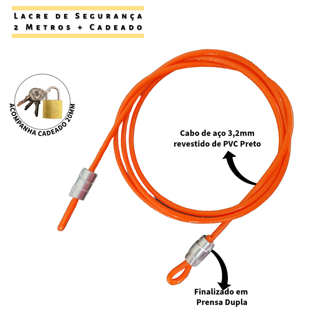 1  Lacre de Segurança Multiuso 2 Metros + 1 Cadeado 20mm - Trava Porta Bolsa Bike Gopro