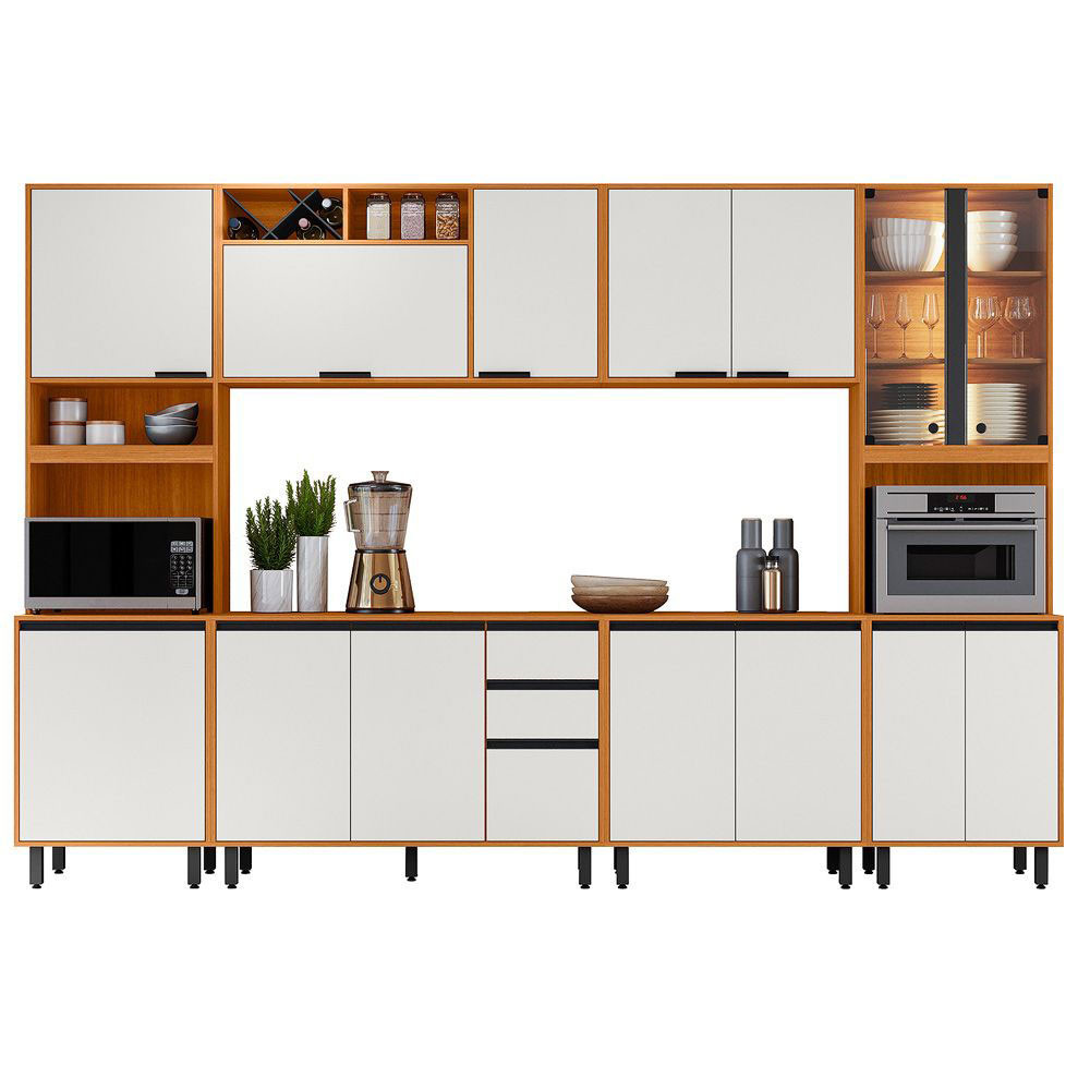 Cozinha Modulada Ravena 6 Peças 15 Portas com Paneleiro Duplo e Cristaleira Poliman Móveis