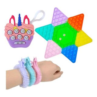 3pçs Jogo Popit Tabuleiro c/ Dados + Pop it Eletrônico + PULSEIRA SQUISH UNICÓRNIO
