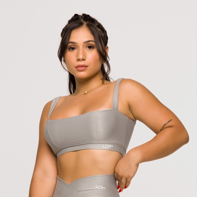 Top Feminino Prata Fitness Poliamida Cinza Academia Decote Reto Crossfit