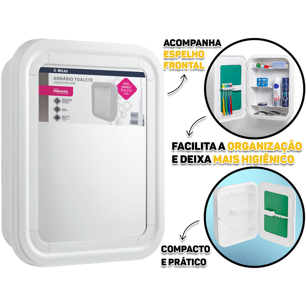 Armário De Plástico Sobrepor Com Tampa E Espelho Para Banheiro Toalete Vestiário Cor Branco Atlas em Oferta na Shopee