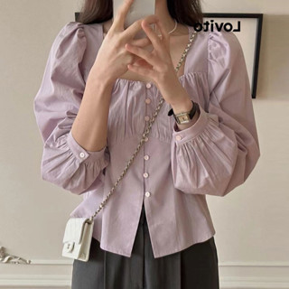 Lovito Casual Blusa Feminina Simples com Botão Frontal Plissda LNE37095 (Roxa)